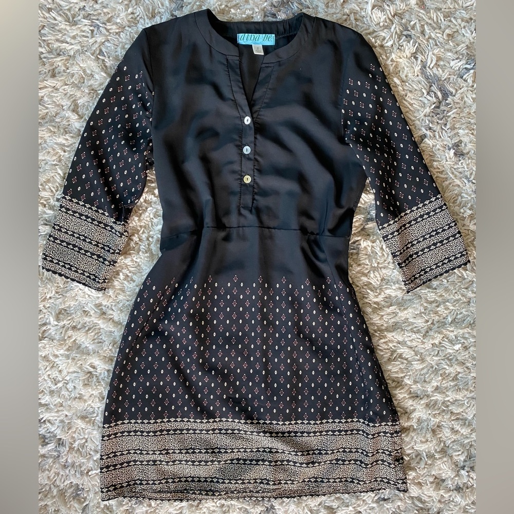 Dina Be black sheath dress boho print 3/4 sleeves Small - Picture 1 of 6